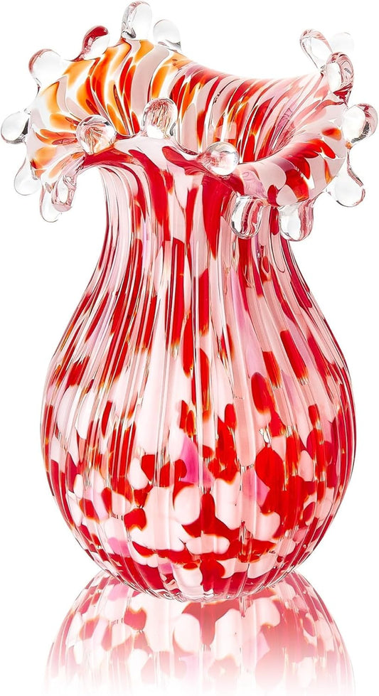 Hand Blown Glass Vase for Flowers, 8 Inch Red Crystal Bubble Flower Vases
