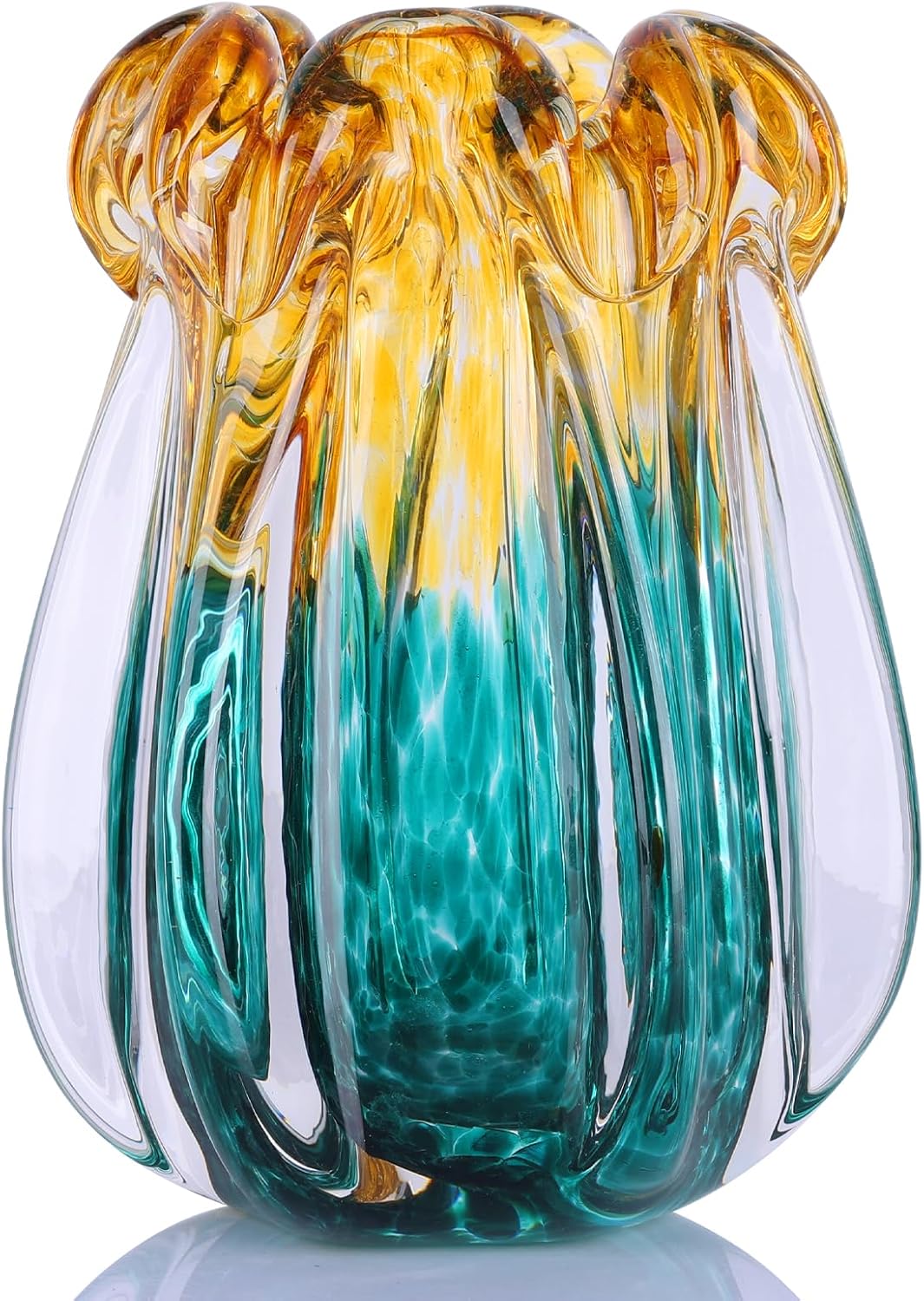 Hand Blown Glass vase, Gradient Blue and Amber Thick-Walled Decorative vase, Glass Art Wide-Mouth vase, Suitable for Living Room Coffee Tables, entryway Decor, Offices, and TV Cabinet Accents. (S)